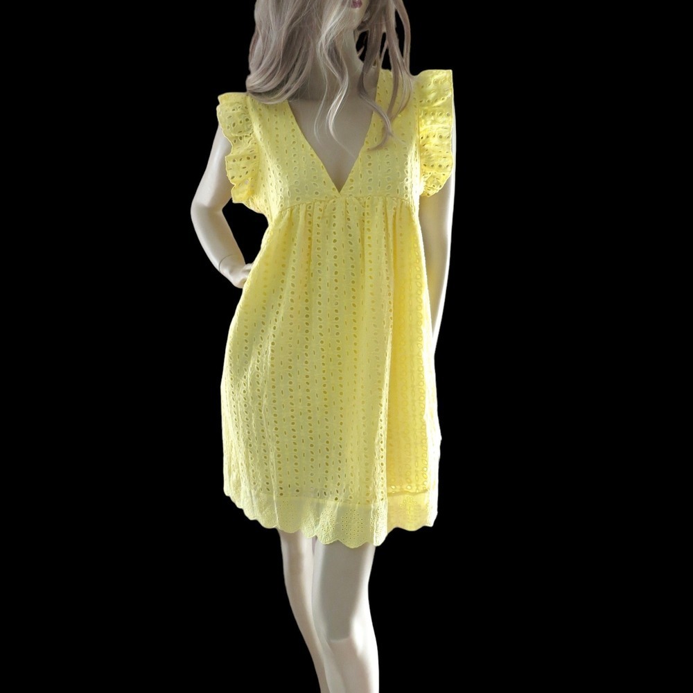 Yellow Eyelet Romper Dress Ruffled Babydoll Coquette Vibe With Built-In Shorts M